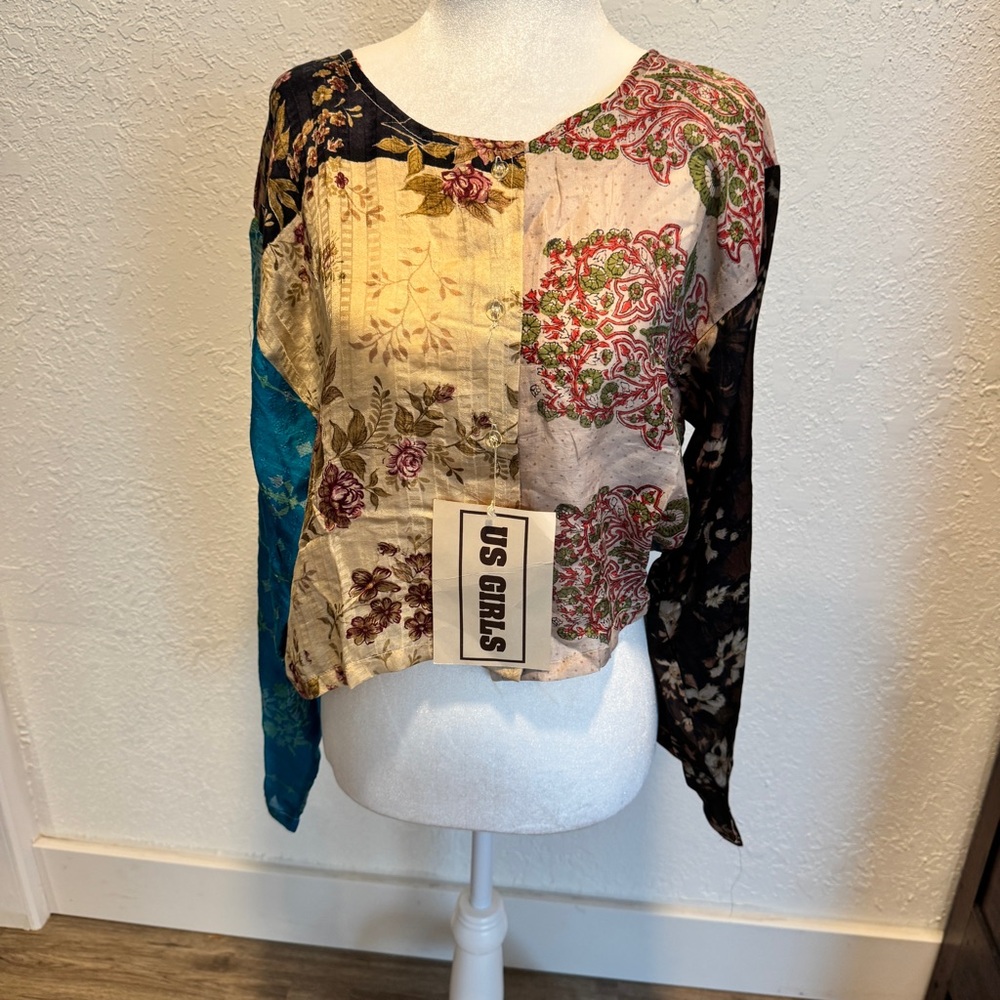 VINTAGE Silk Sari Top LARGE blue
